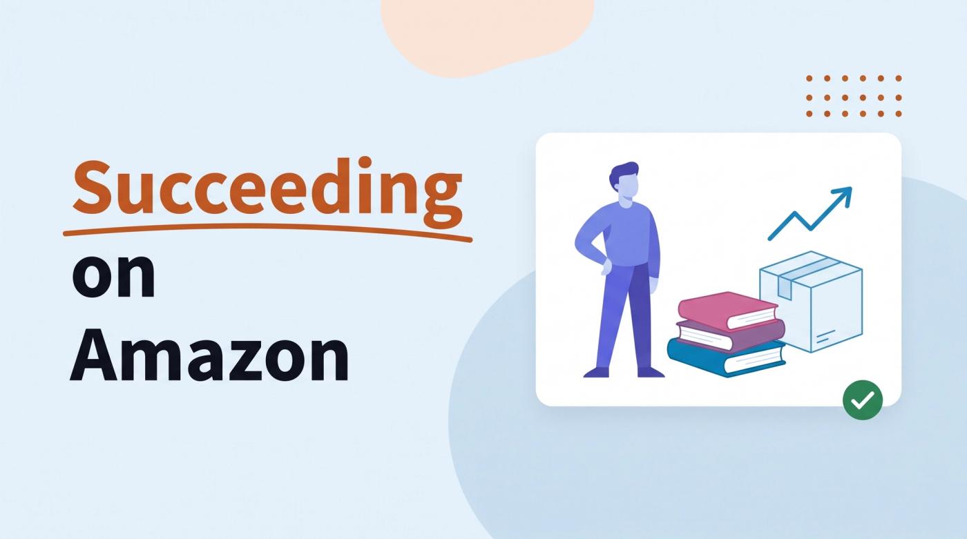 Illustrated title card reading 'Succeeding on Amazon' beside a person next to a stack of books, a product box and a rising chart