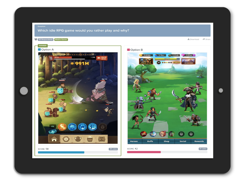PickFu poll on a tablet asking which idle RPG game respondents would rather play