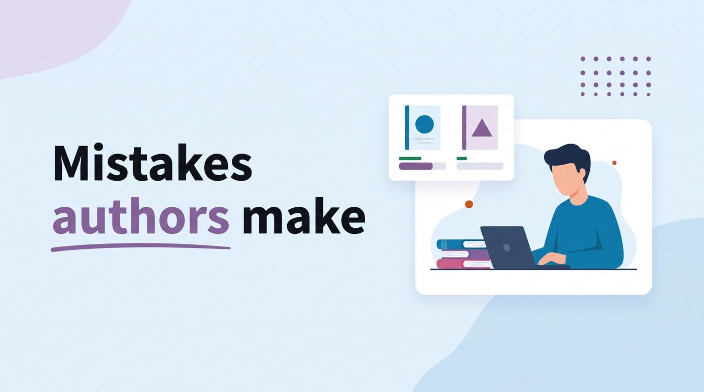 Illustrated title card reading 'Mistakes authors make' beside a person at a desk with a laptop, a stack of books and a poll card comparing two book covers