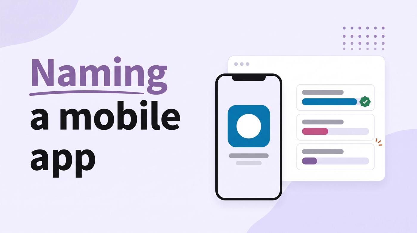 Illustrated title card reading 'Naming a mobile app' beside a phone with a blank app icon and three name-tag cards with vote bars