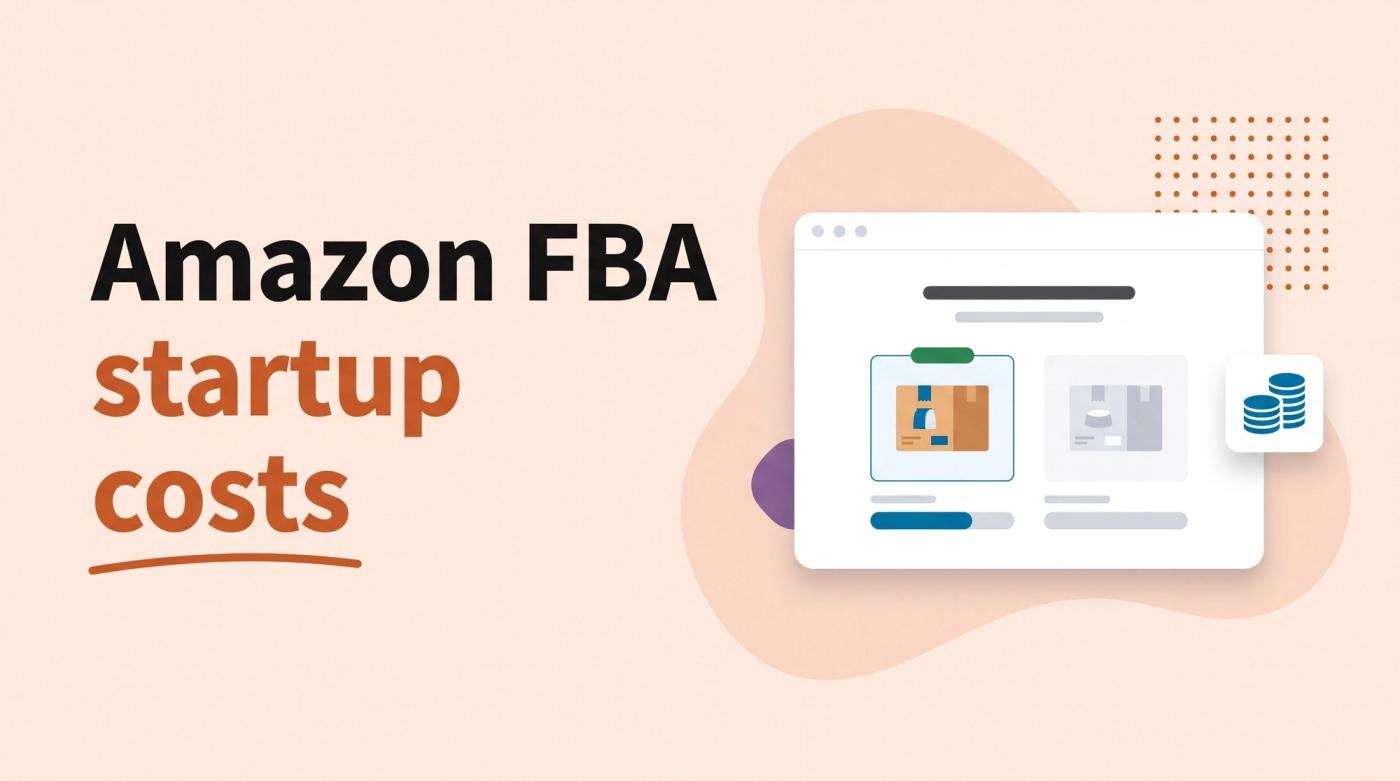 Illustrated title card reading 'Amazon FBA startup costs' beside a poll mockup comparing two shipping-box label variants and a coin-stack icon