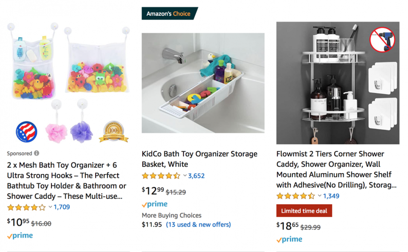 Amazon search results for bathtub toy organizers