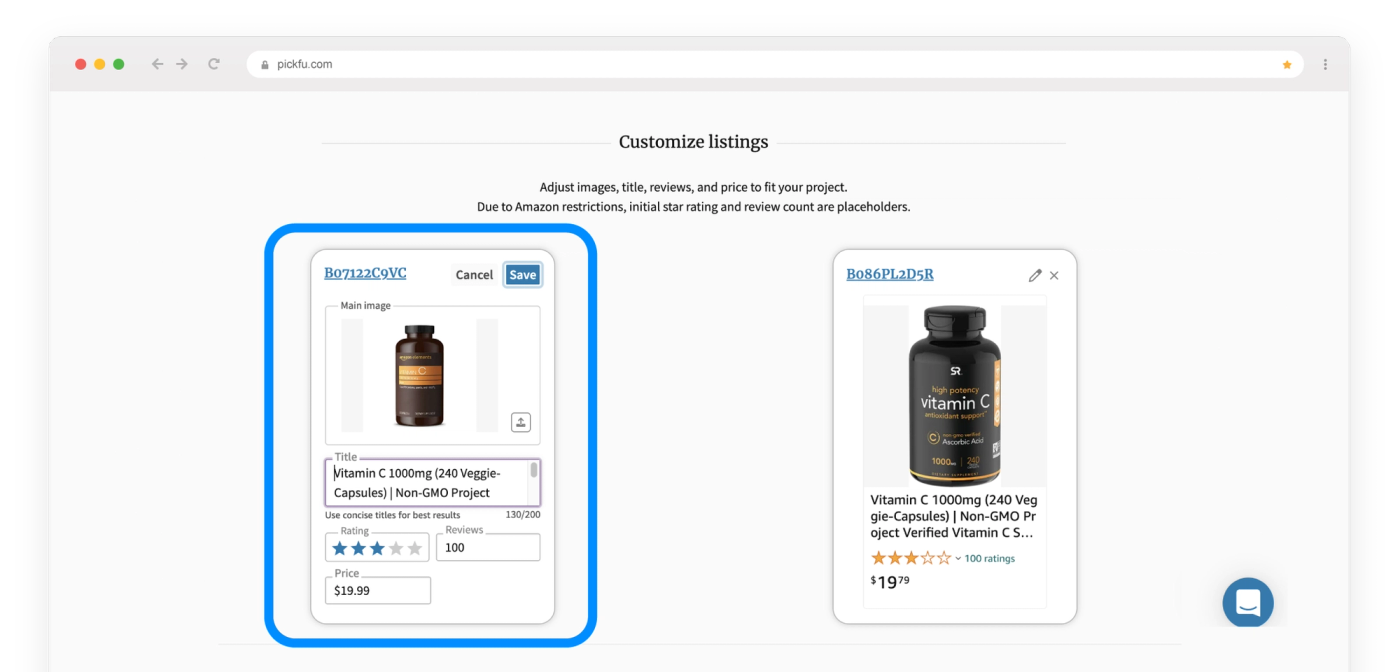 Screenshot of how to edit a product title in the PickFu Amazon Mockup Generator