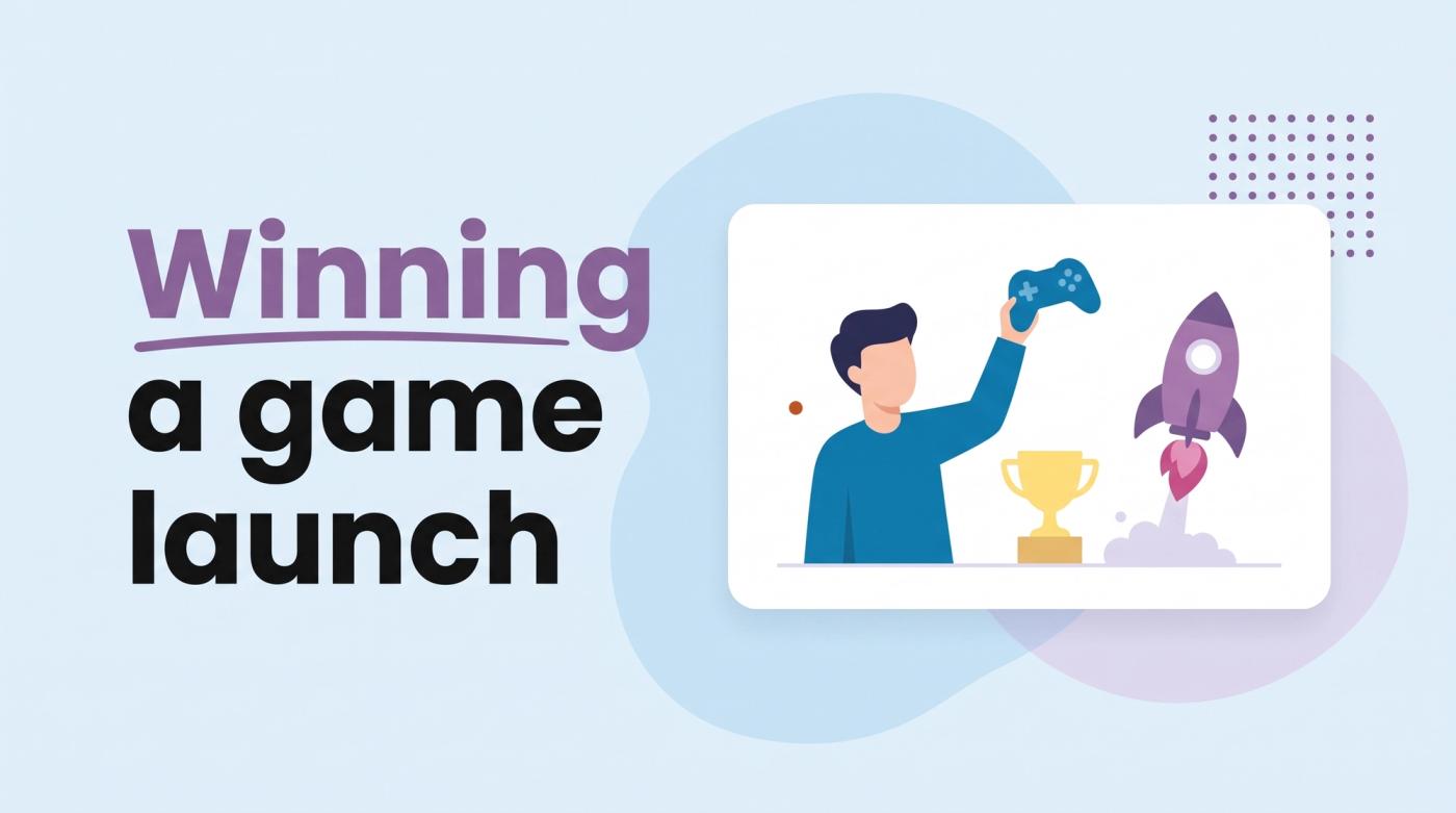 Illustrated title card reading 'Winning a game launch' beside a person next to a game controller, a trophy and a rocket