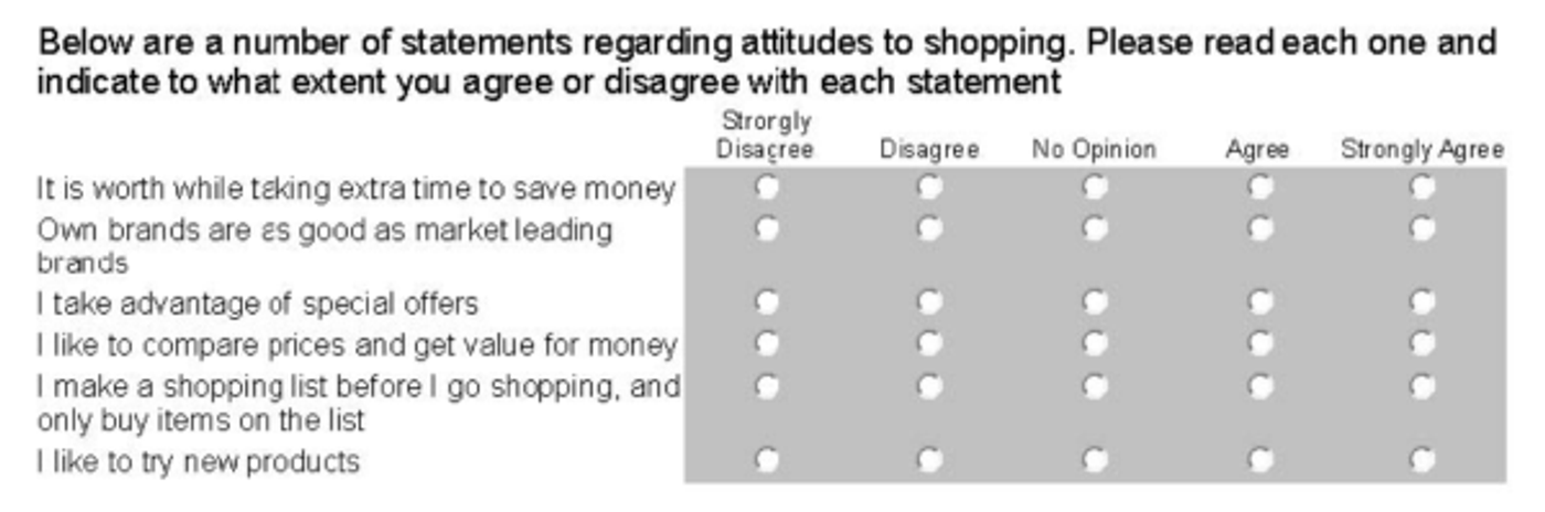 Example attitudinal survey grid with agree and disagree columns