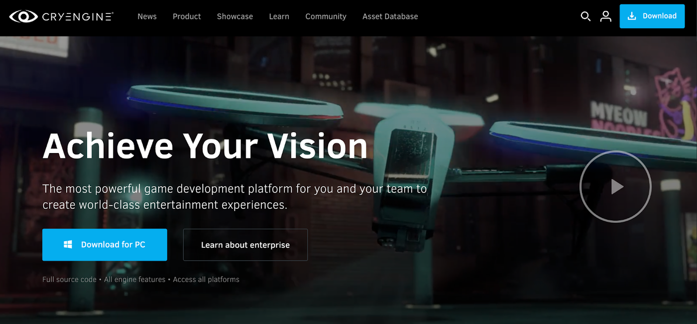 Screenshot from CryEngine website desktop