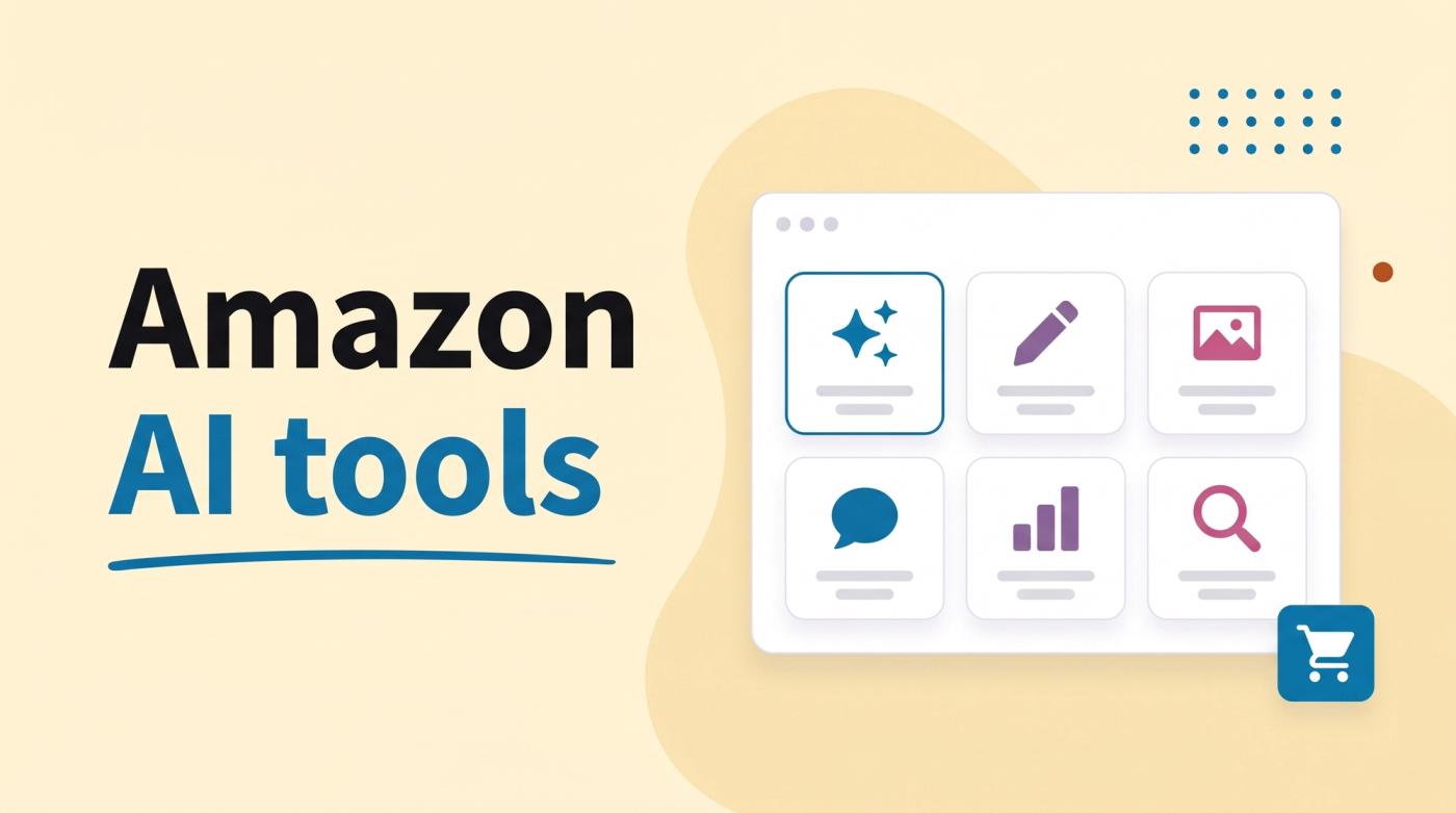 Illustrated title card reading 'Amazon AI tools' beside an app window with a grid of six tool tiles marked with sparkles