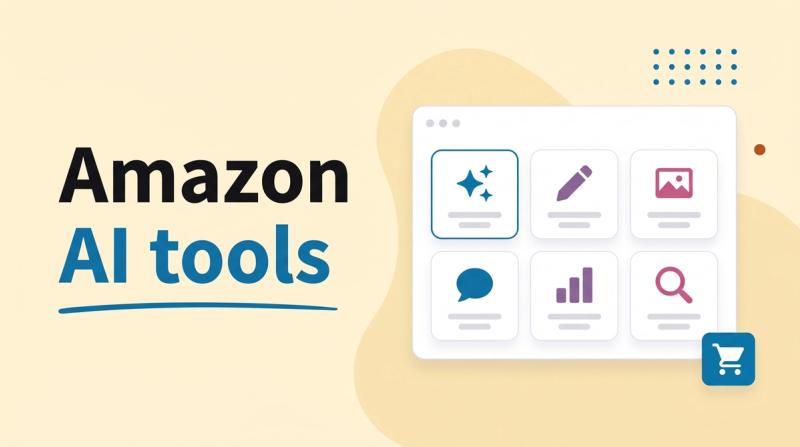 Illustrated title card reading 'Amazon AI tools' beside an app window with a grid of six tool tiles marked with sparkles
