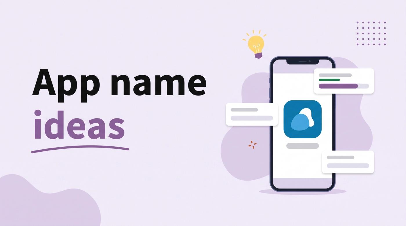 Illustrated title card reading 'App name ideas' beside a phone with an app icon, three floating name-tag cards with vote bars and a lightbulb