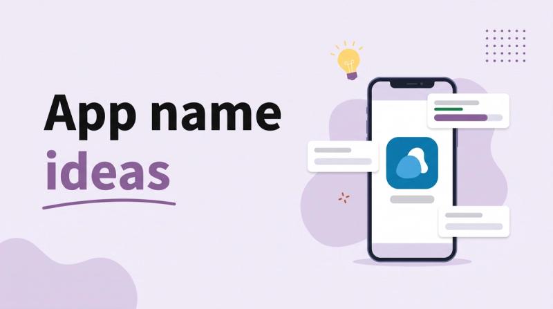 Illustrated title card reading 'App name ideas' beside a phone with an app icon, three floating name-tag cards with vote bars and a lightbulb