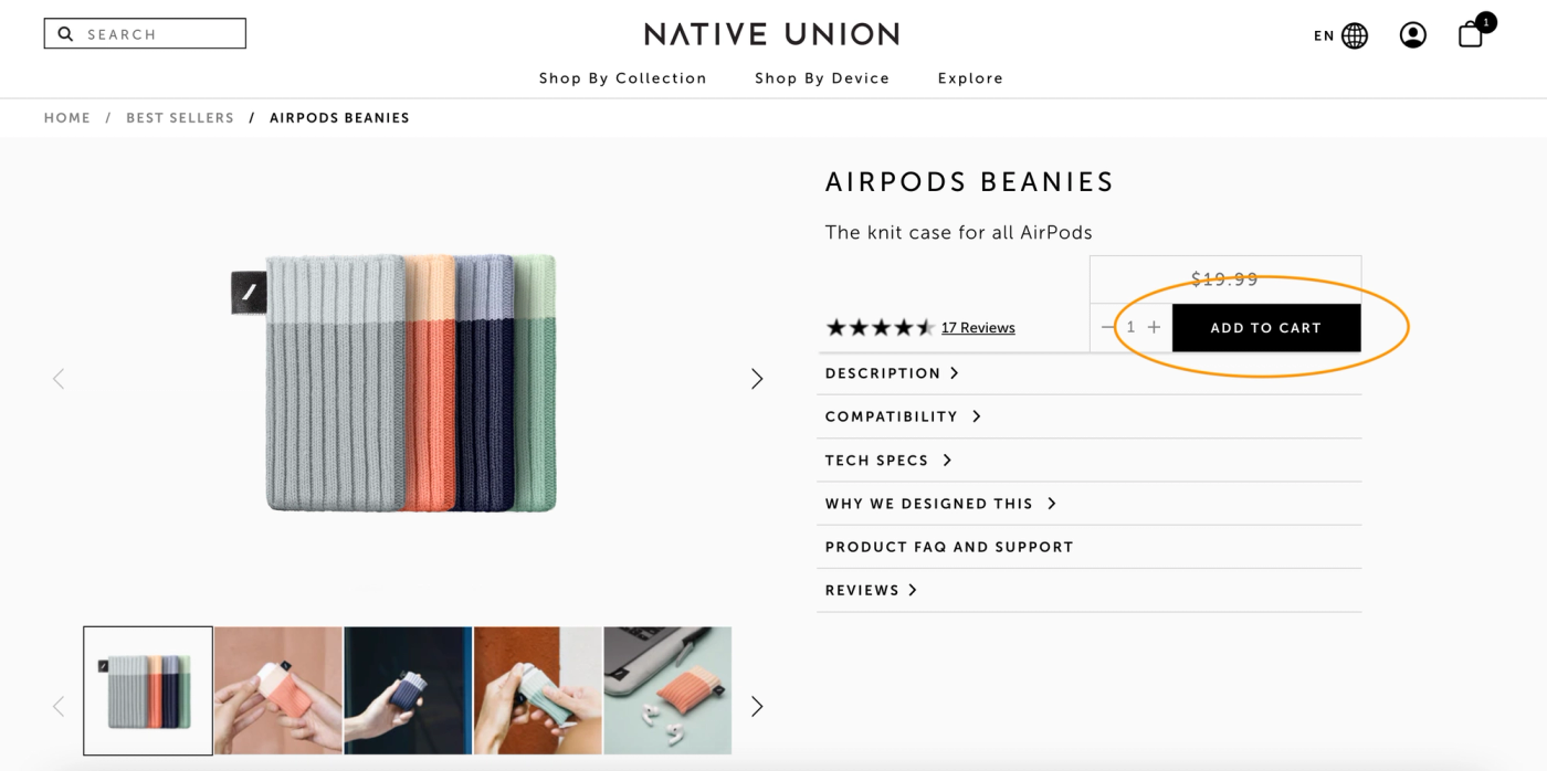 Example of Add to Cart button on Native Union website