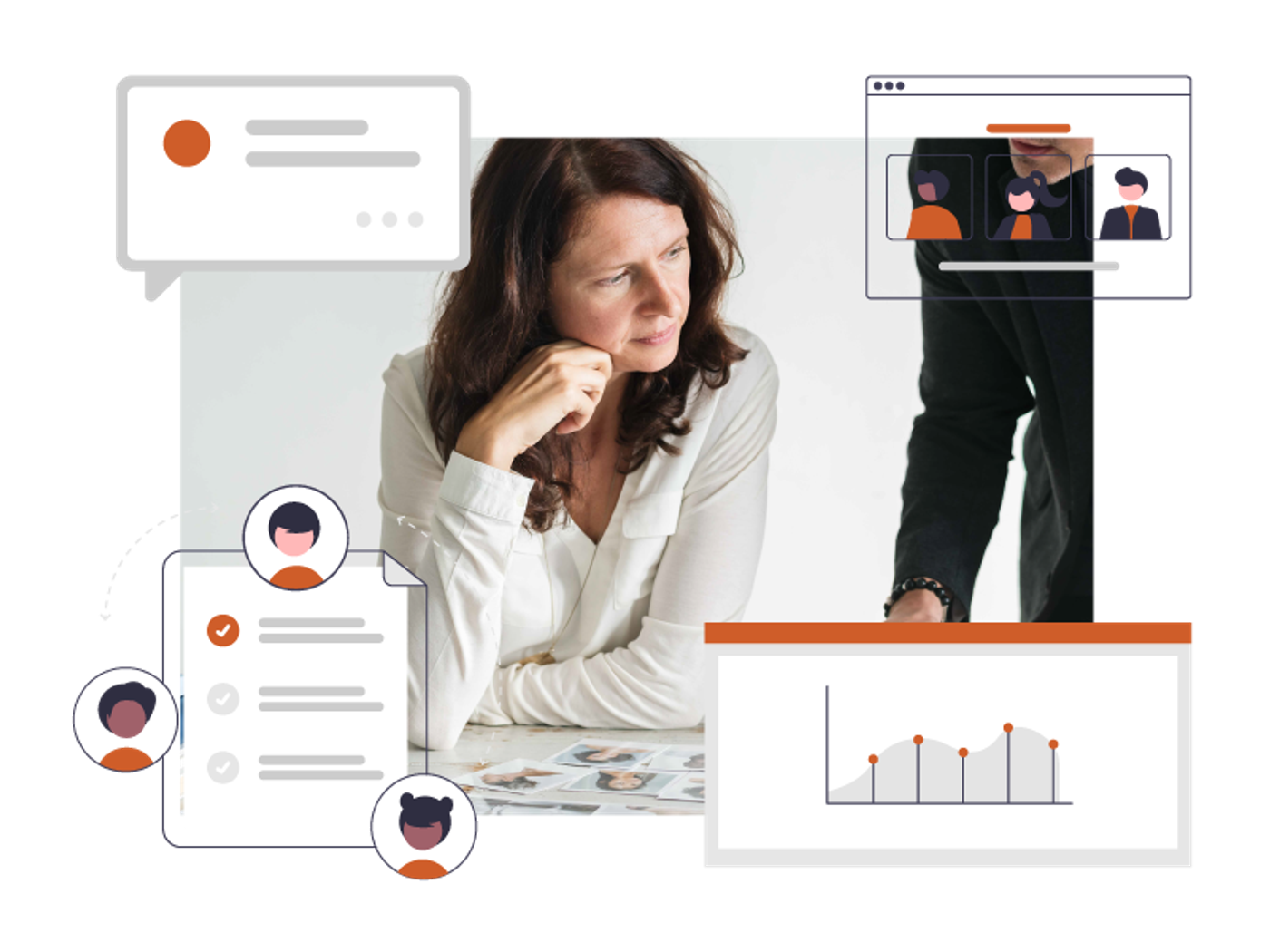 Stock photo of a woman framed by illustrated chat bubbles, a poll checklist, avatars, a browser window, and a chart