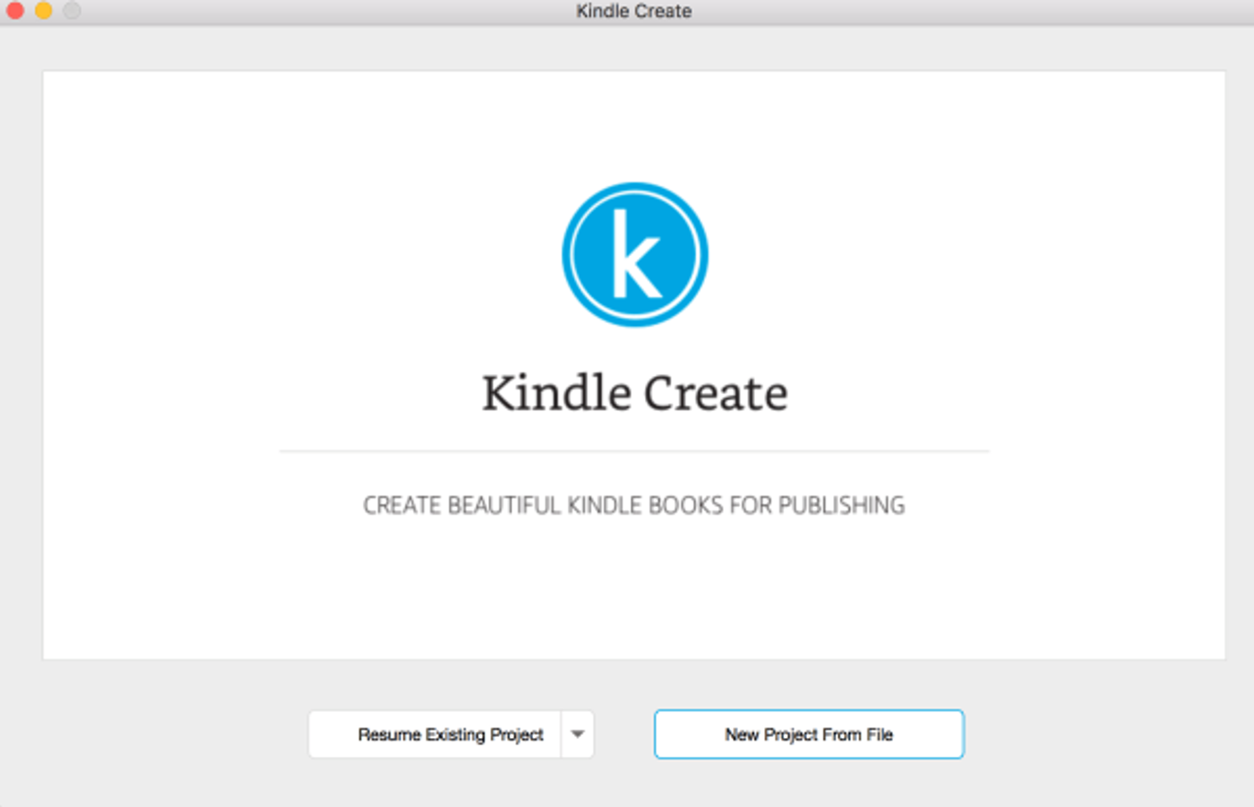 Kindle Create start screen