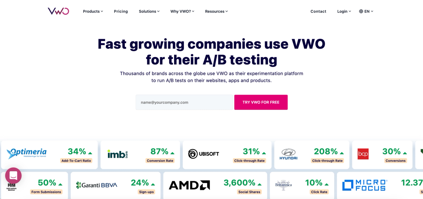 Screenshot for VWO homepage