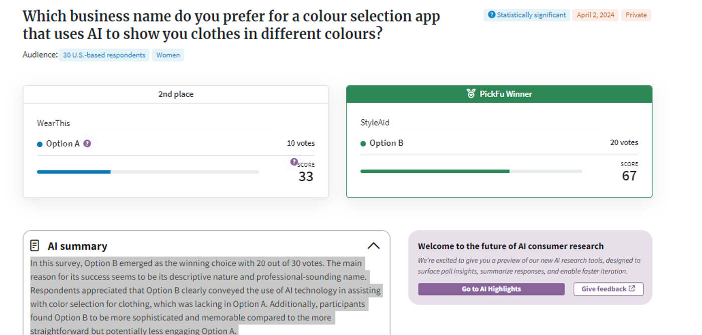 Screenshot of two AI written names, WearThis and StyleAid, StyleAid was the winner by a large margin.