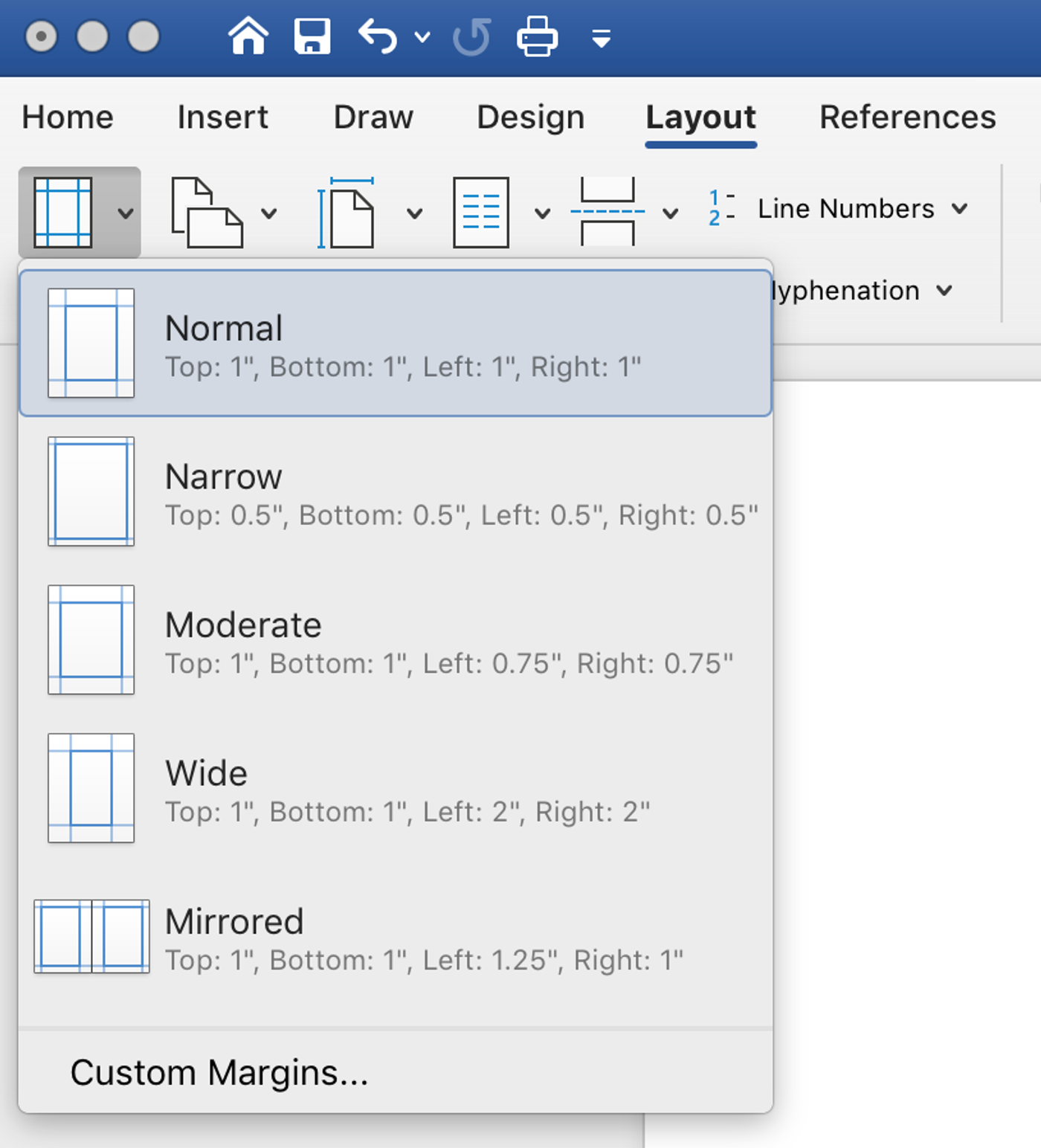 Microsoft Word margins menu with Normal, Narrow, Moderate, Wide and Mirrored