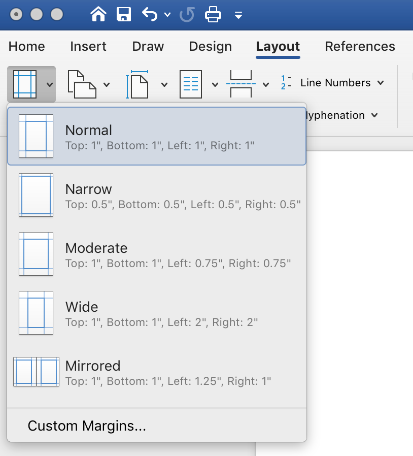 Microsoft Word margins menu with Normal, Narrow, Moderate, Wide and Mirrored