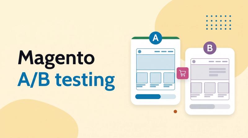 Illustrated title card reading 'Magento A/B testing' beside two storefront page cards labeled A and B with vote bars