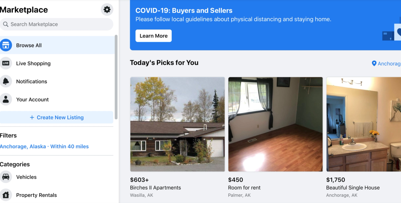How to sell on Facebook Marketplace: Screenshot of main page