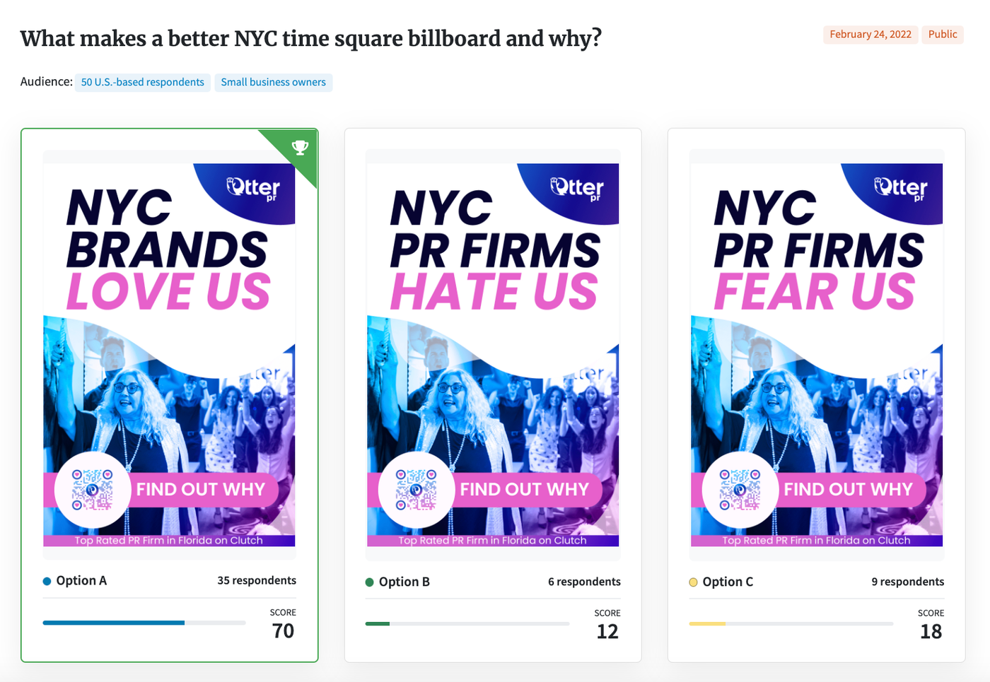 screenshot of PickFu poll testing copy for a billboard
