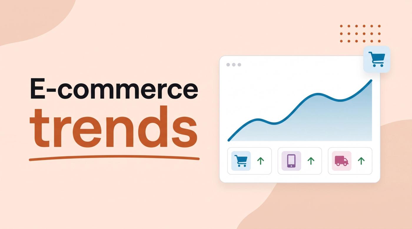 Illustrated title card reading 'E-commerce trends' beside a dashboard with a rising line chart and three trend cards