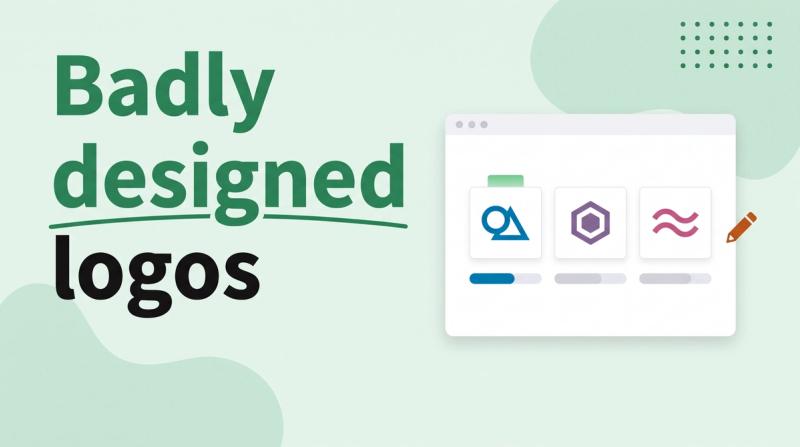 Illustrated title card reading 'Badly designed logos' beside an app window showing three abstract logo marks with vote bars