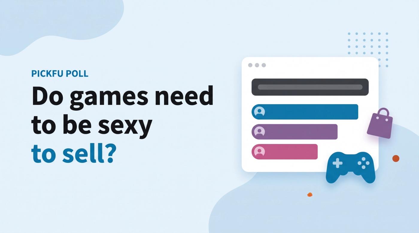 Illustrated title card labeled 'PickFu poll' reading 'Do games need to be sexy to sell?' beside a poll results window with a game controller and a shopping bag