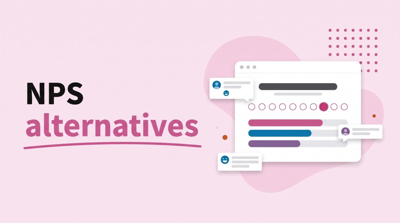 Illustrated title card reading 'NPS alternatives' beside a results window with a row of rating circles and speech bubbles