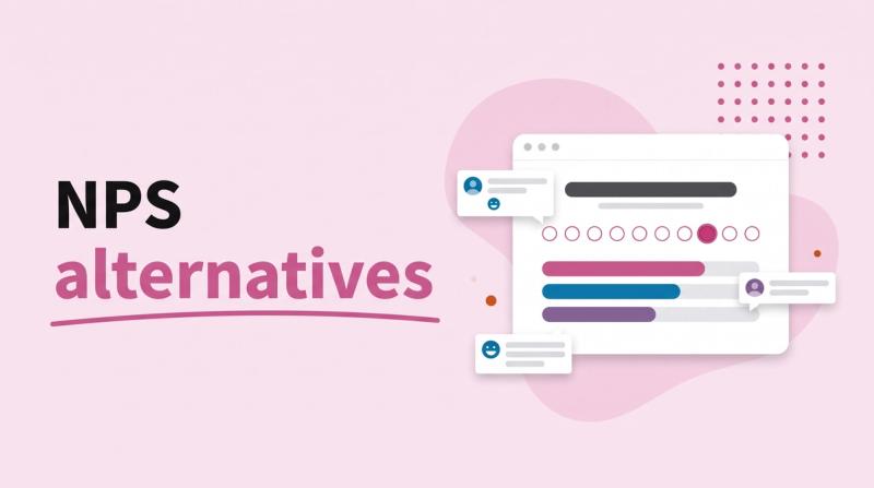 Illustrated title card reading 'NPS alternatives' beside a results window with a row of rating circles and speech bubbles