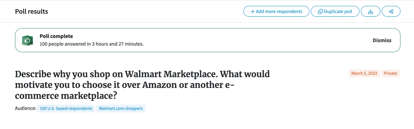 Screenshot of PickFu poll of Walmart shoppers asking why they like shopping on Walmart.