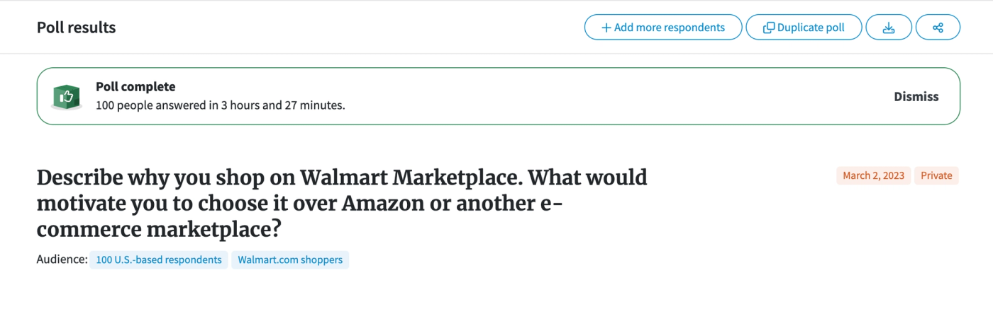 Screenshot of PickFu poll of Walmart shoppers asking why they like shopping on Walmart.