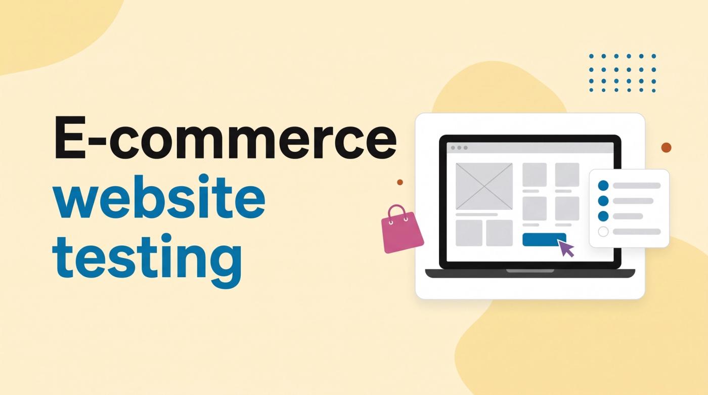 Illustrated title card reading 'E-commerce website testing' beside a laptop with a storefront wireframe, a checklist and a cursor