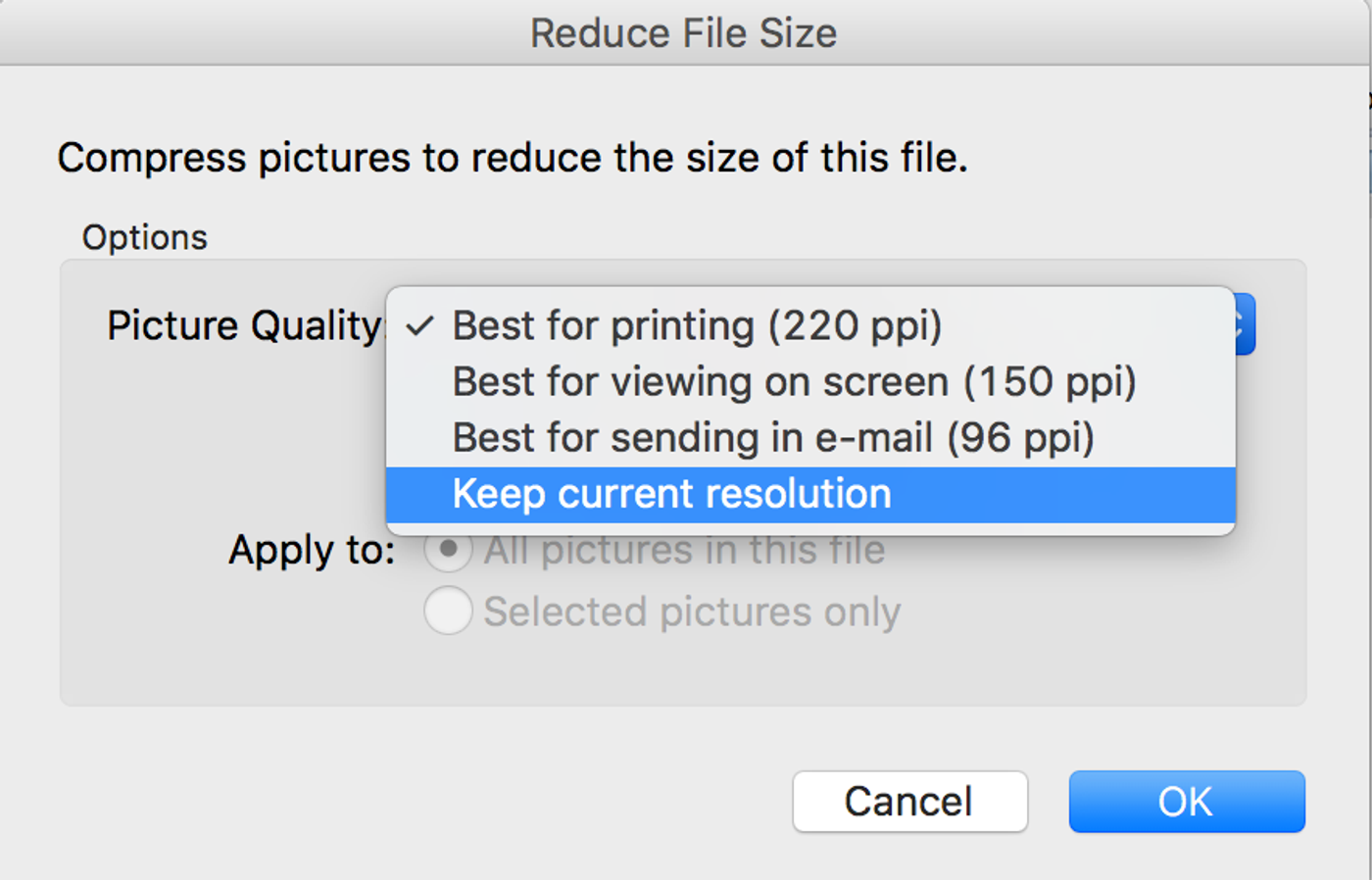 Microsoft Word Reduce File Size dialog with Keep current resolution selected