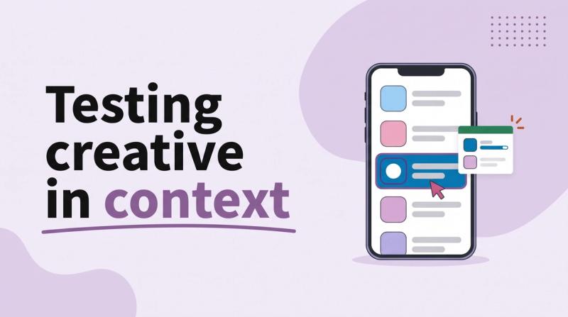 Illustrated title card reading 'Testing creative in context' beside a phone showing an app store listing with a highlighted icon among others