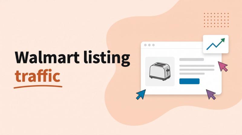 Illustrated title card reading 'Walmart listing traffic' beside a product listing window with cursor arrows and a rising chart