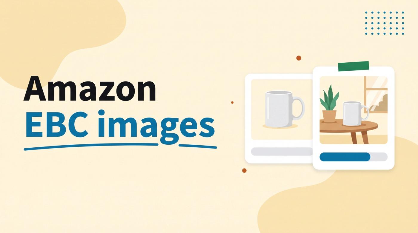 Illustrated title card reading 'Amazon EBC images' beside two cards comparing a plain product photo of a mug with a lifestyle scene, each with a vote bar
