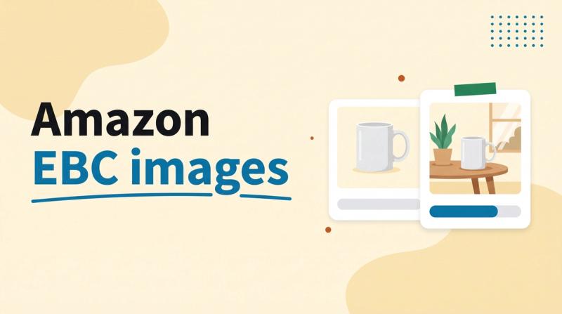 Illustrated title card reading 'Amazon EBC images' beside two cards comparing a plain product photo of a mug with a lifestyle scene, each with a vote bar