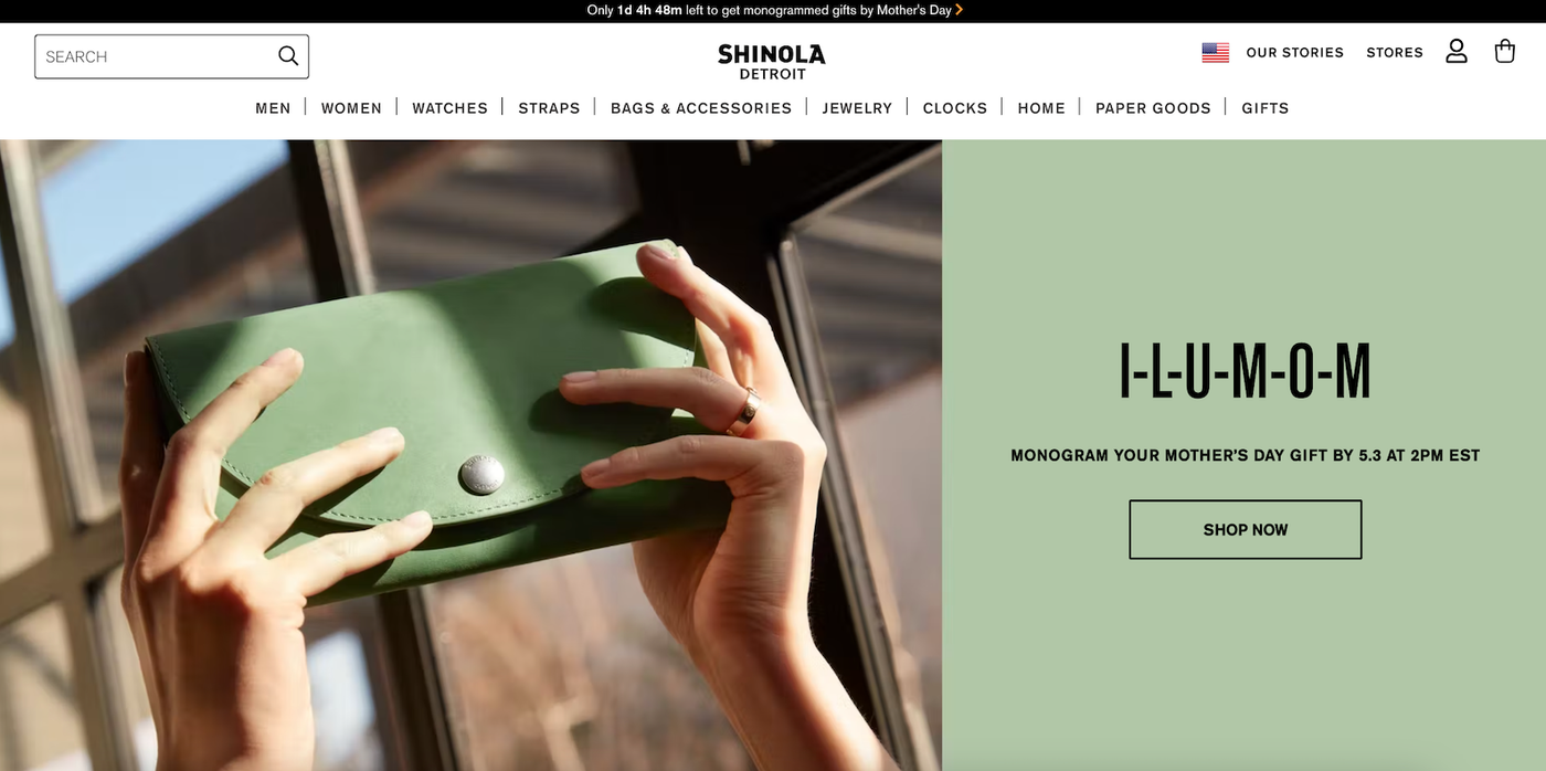 Homepage of the Shinola website