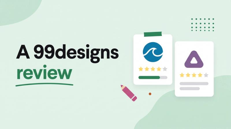 Illustrated title card reading 'A 99designs review' beside two logo concept cards with vote bars and star shapes