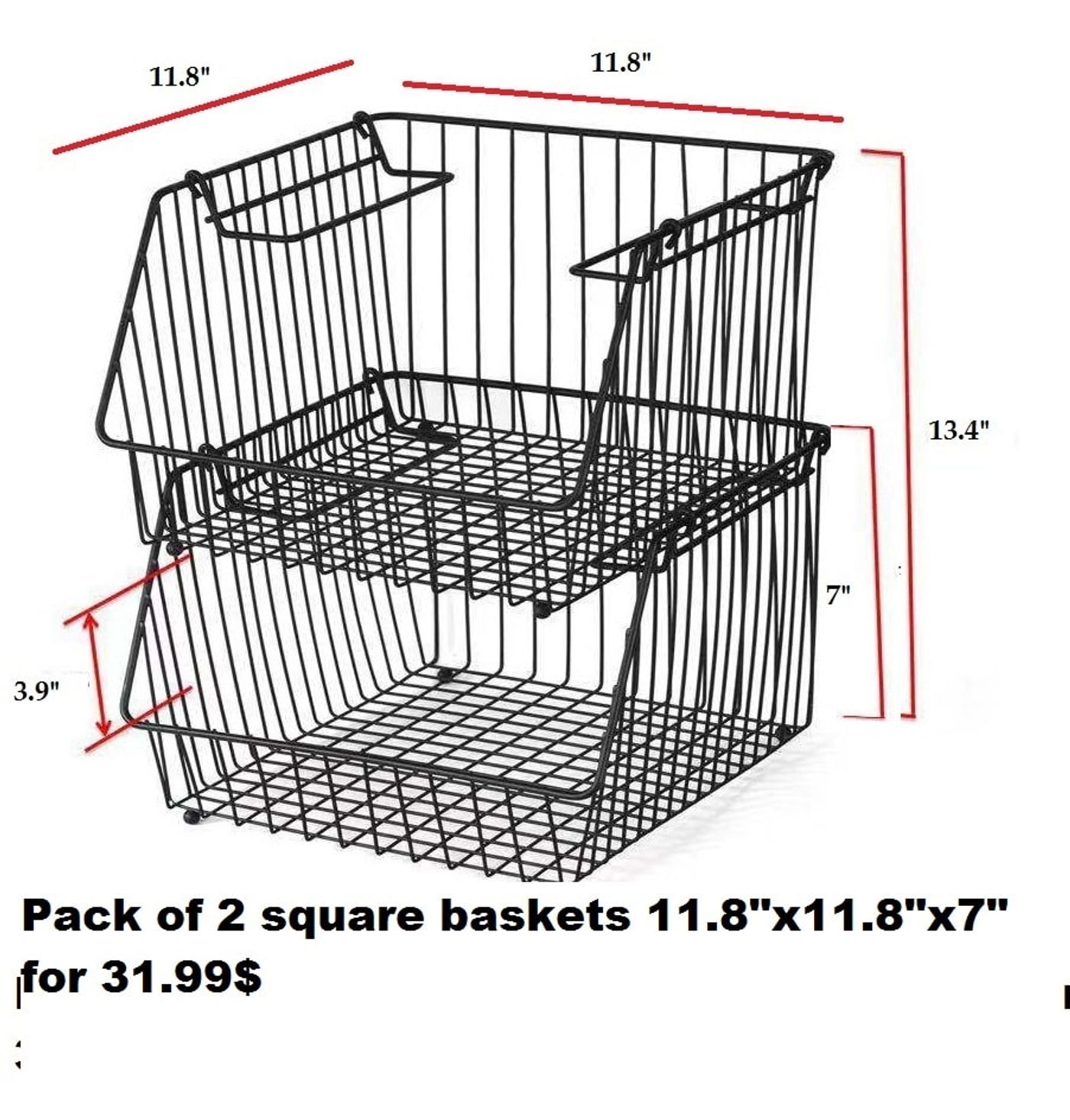 Product diagram of a two-pack of stackable wire baskets with dimensions