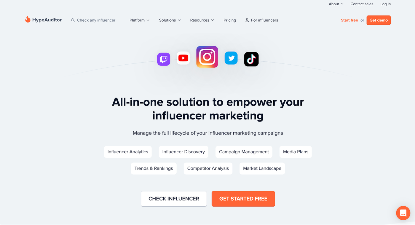 Screenshot of HypeAuditor, influencer tool homepage, desktop above the fold