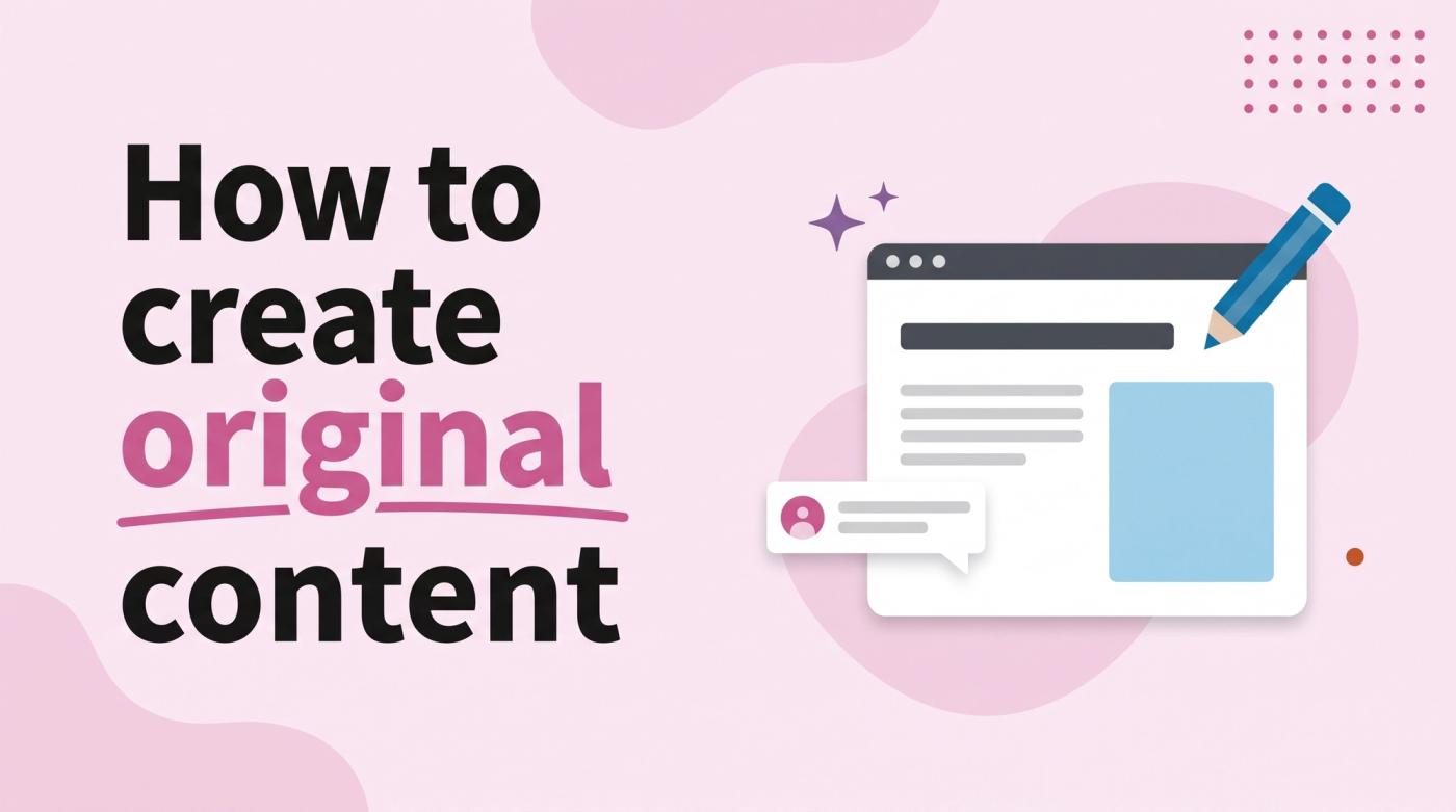 Illustrated title card reading 'How to create original content' beside a document window with a pencil, a sparkle and a speech bubble