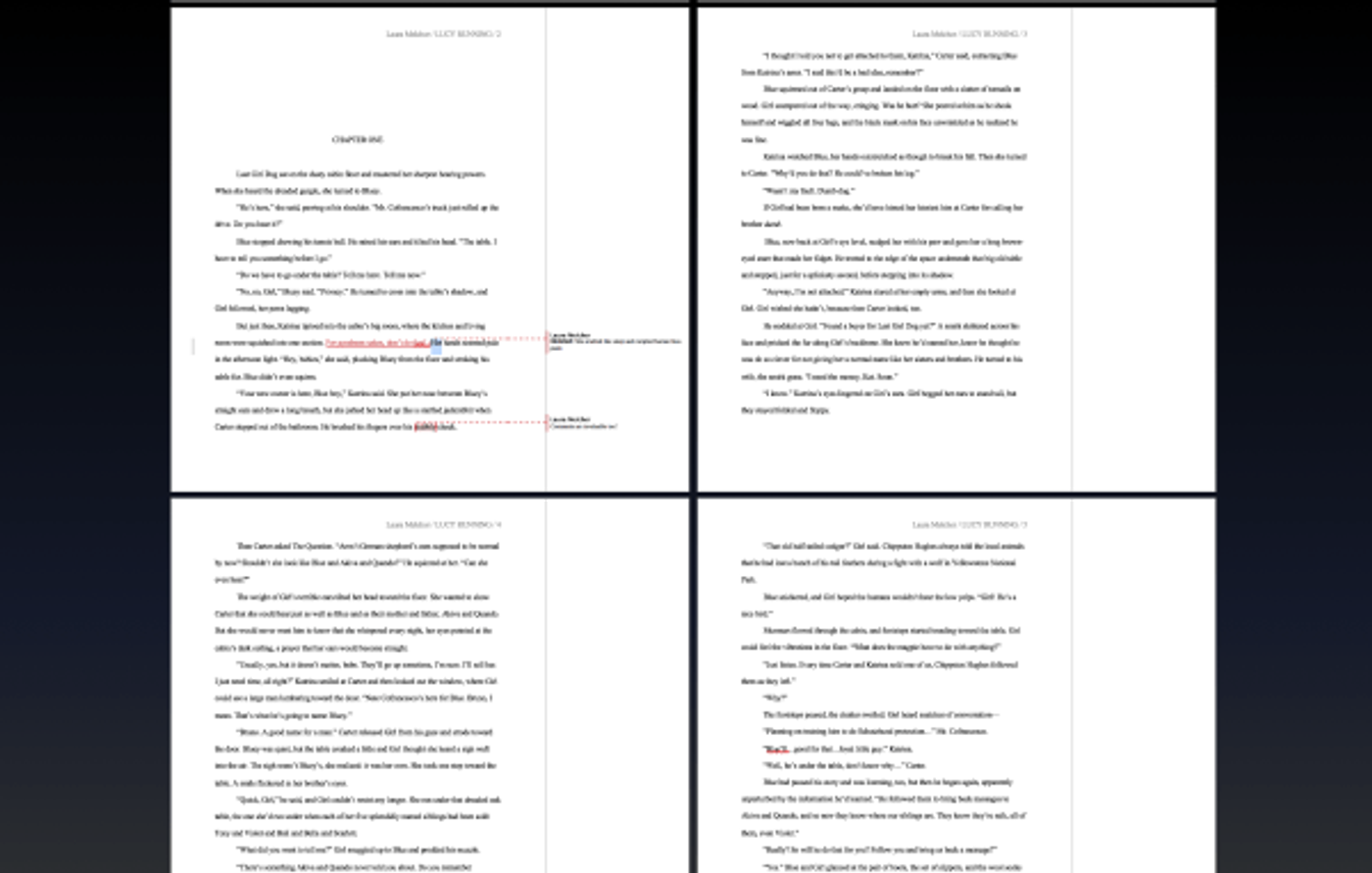 Microsoft Word focus mode showing four manuscript pages side by side