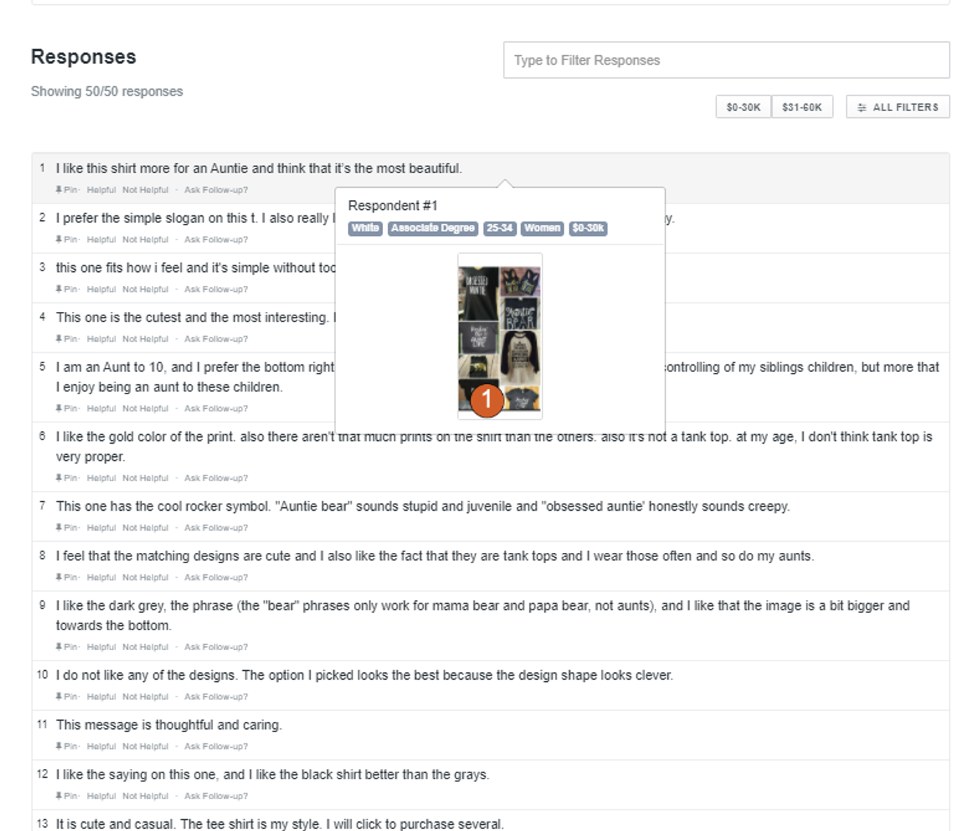 PickFu click test responses explaining which T-shirt design caught the eye first