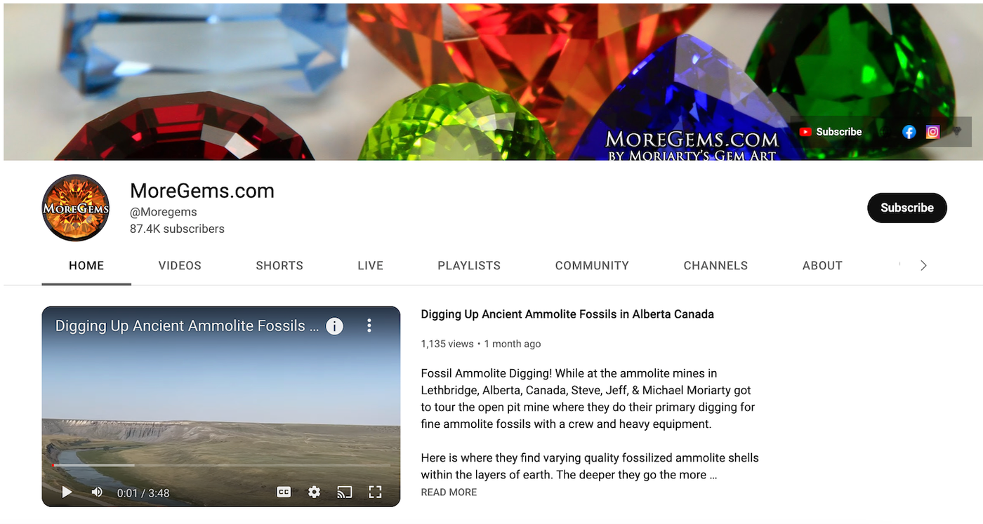 Moriarty's Gem Art YouTube channel features educational videos as part of its marketing strategy 