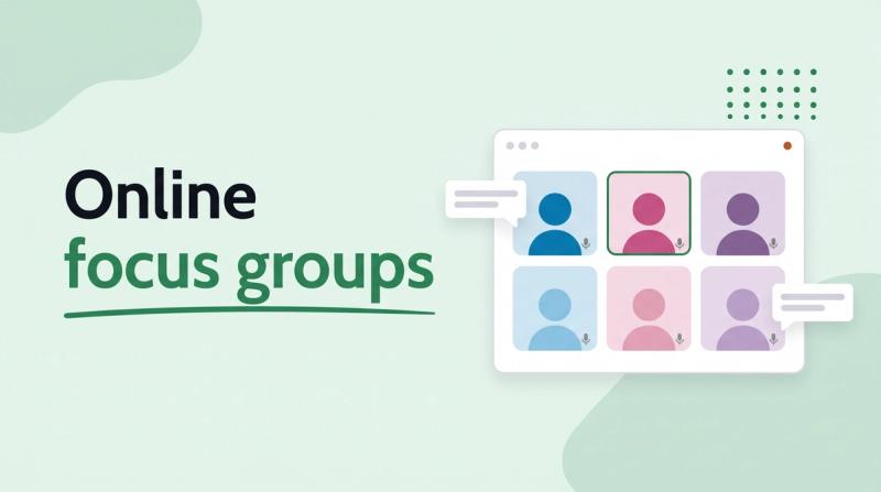 Illustrated title card reading 'Online focus groups' beside a video-call window with a grid of avatar tiles and speech bubbles