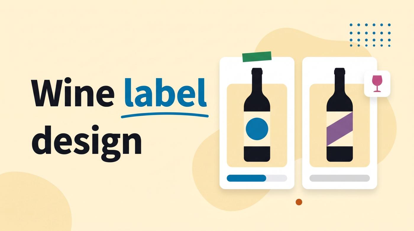 Illustrated title card reading 'Wine label design' beside two wine bottles with abstract label designs and vote bars