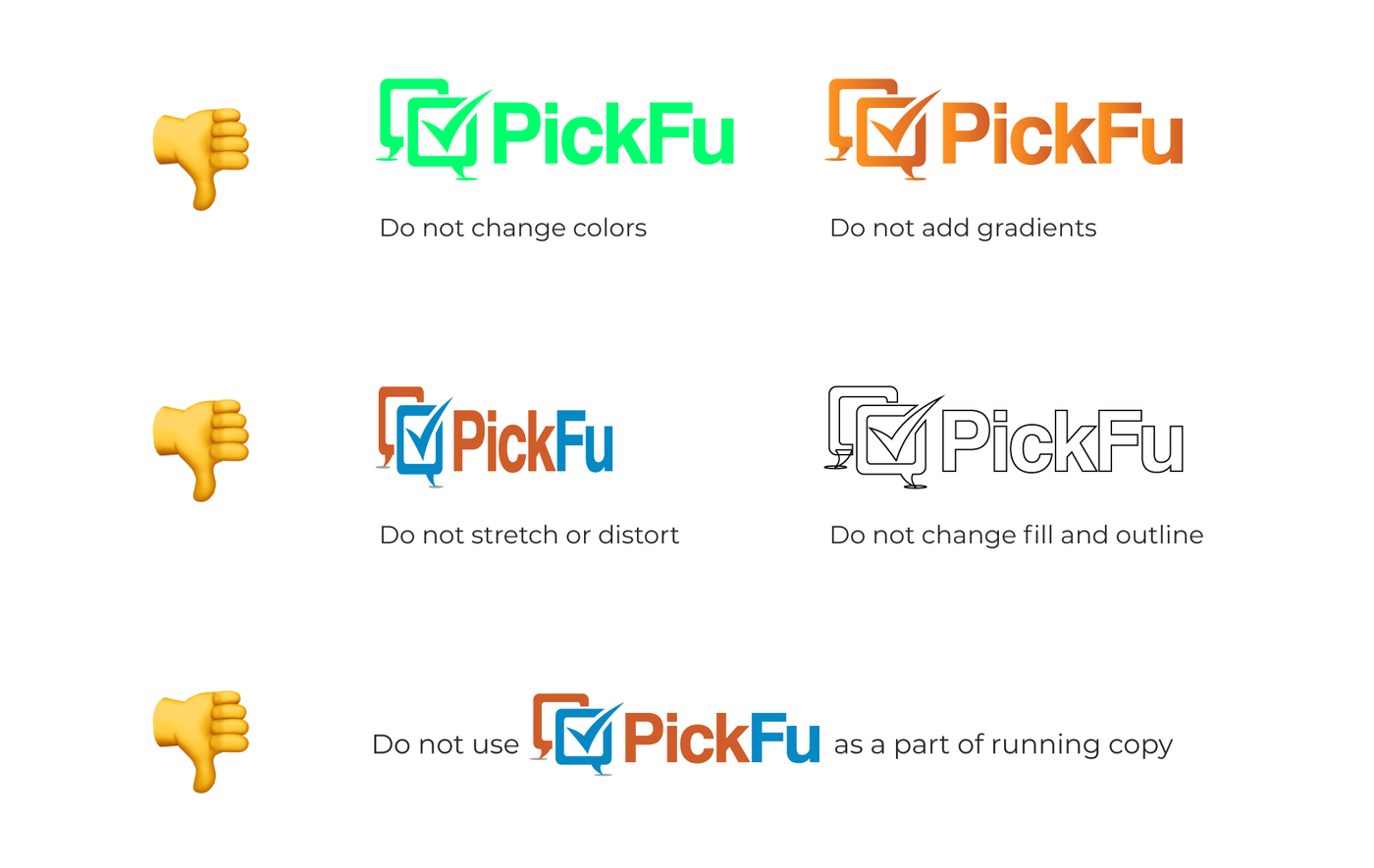 Logo misuse examples: do not change colors, do not add gradients, do not stretch or distort, do not change fill and outline, do not use the logo as part of running copy