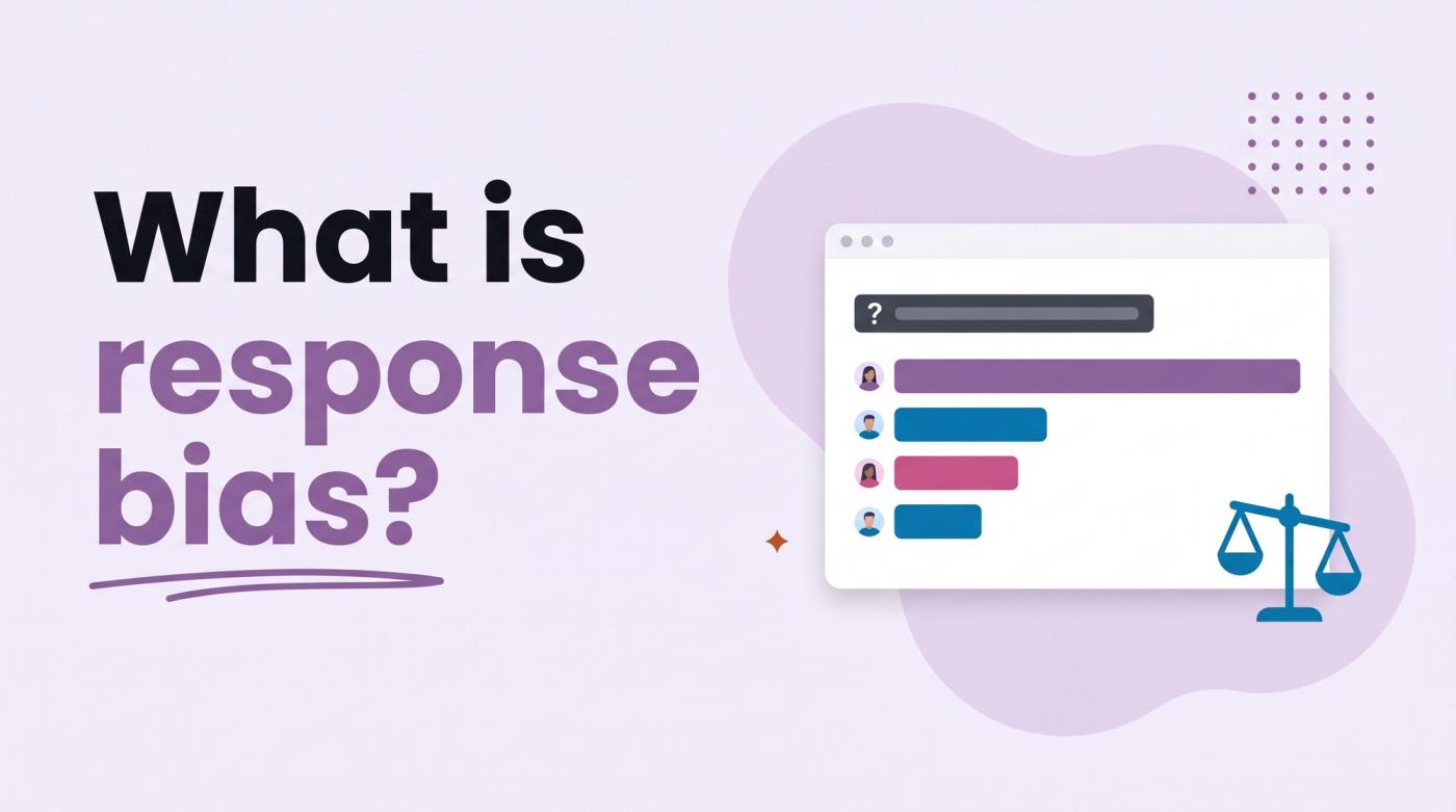 Illustrated title card reading 'What is response bias?' beside a survey results window with skewed bars and a tilted balance icon