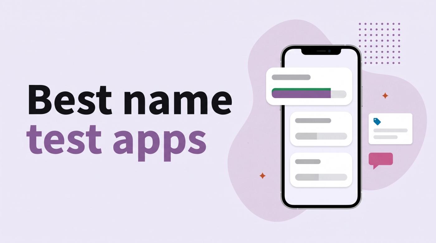 Illustrated title card reading 'Best name test apps' beside a phone with three blank name-tag cards and vote bars